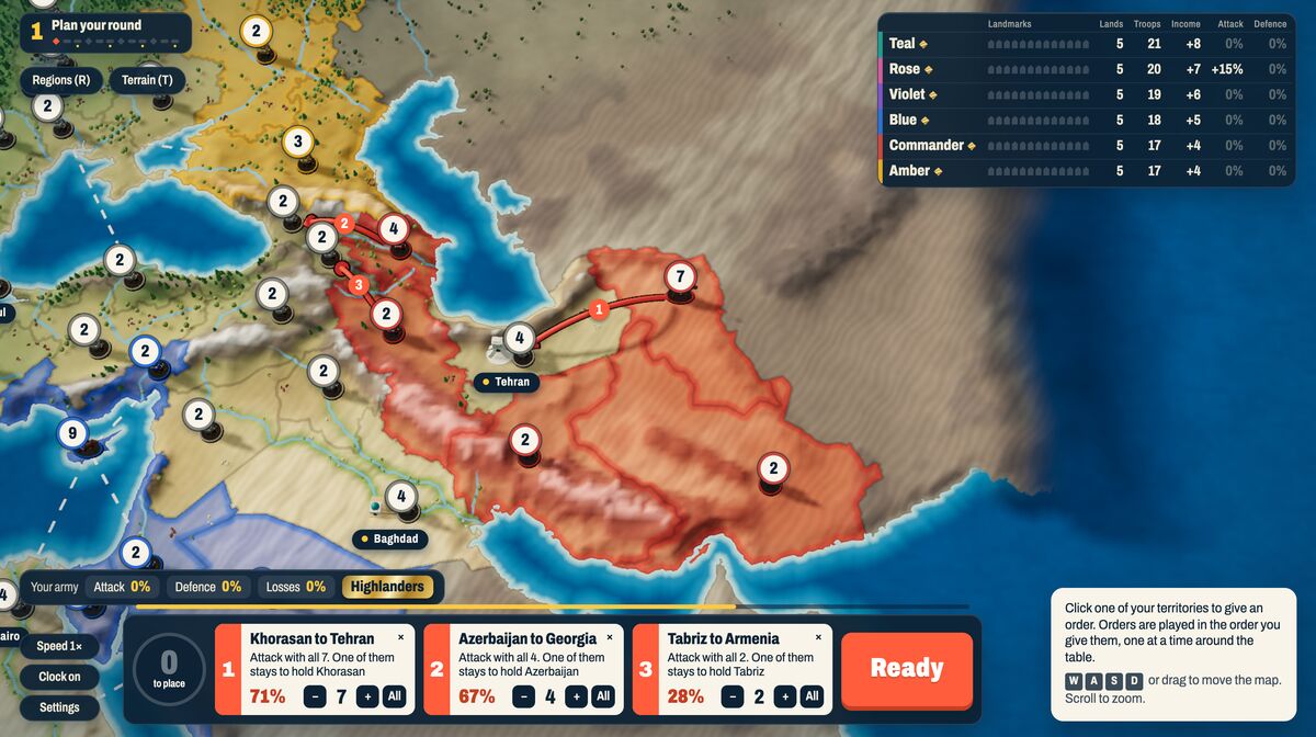 Three order slips along the bottom of the screen, each an attack with its chance to win: 71%, 67% and 28%. Red arrows on the map show where each one goes.